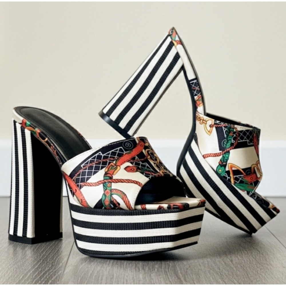 Platform Block Heel Mules US W 7.5 Baroque Chain Scarf Print Black/White Stripe